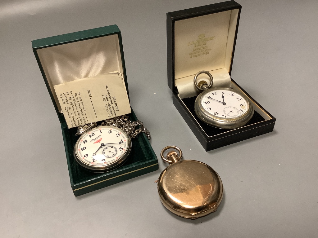 A gold plated pocket watch and two others including Russian.